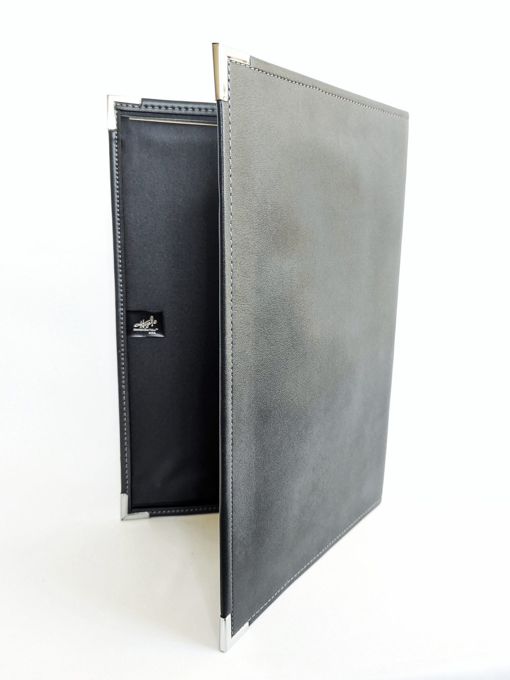 Slim Dark Grey Leather Menu Cover Leather Case with Metal Corners Legal Size
